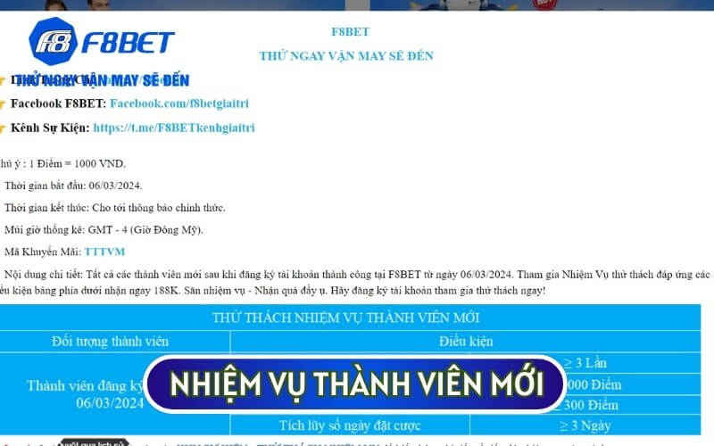 Nhiệm vụ thành viên mới là một trong những KHUYẾN MÃI mới nhất tại F8BET